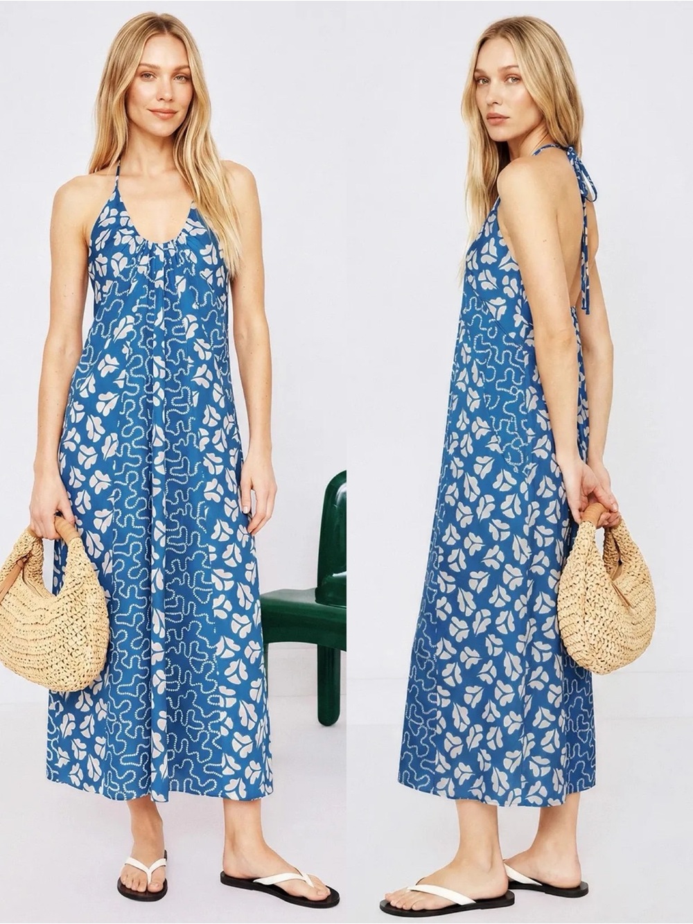 Rebecca Minkoff Blue White Perla 100% Silk Sleeveless Tank Maxi Dress Medium